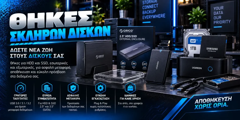 Θήκες σκληρών δίσκων HDD και SSD 2.5 και 3.5